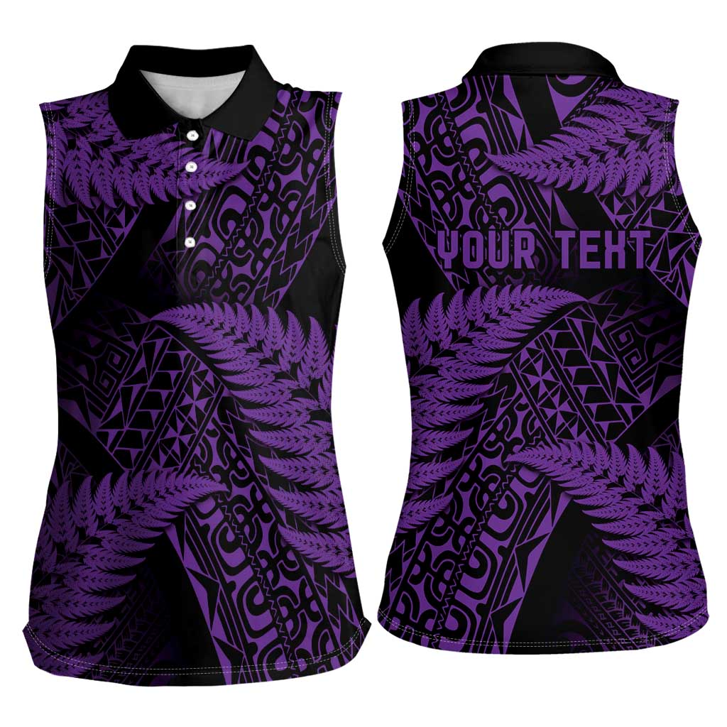 New Zealand Rugby Pacific Personalised Women Sleeveless Polo Shirt All Purple Maori Pasifika Fern Pattern LT9 - Polynesian Pride