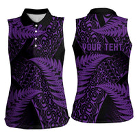 New Zealand Rugby Pacific Personalised Women Sleeveless Polo Shirt All Purple Maori Pasifika Fern Pattern LT9 - Polynesian Pride