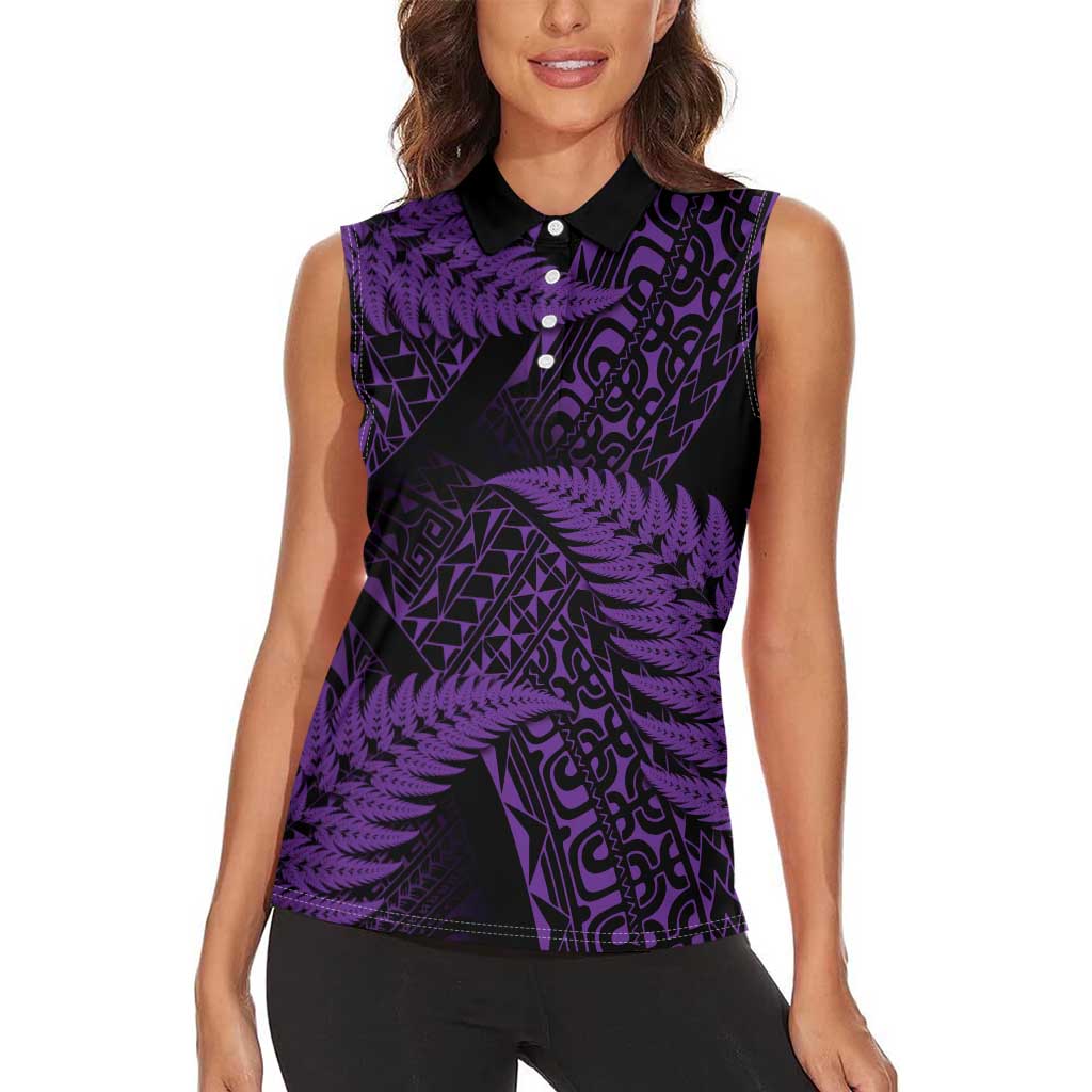 New Zealand Rugby Pacific Personalised Women Sleeveless Polo Shirt All Purple Maori Pasifika Fern Pattern LT9 - Polynesian Pride