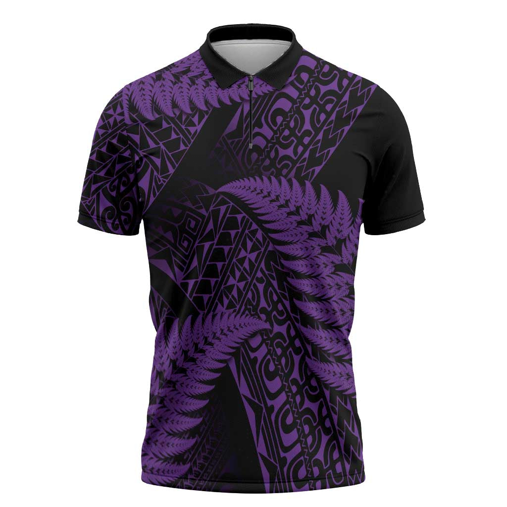 New Zealand Rugby Pacific Personalised Zipper Polo Shirt All Purple Maori Pasifika Fern Pattern LT9 Purple - Polynesian Pride