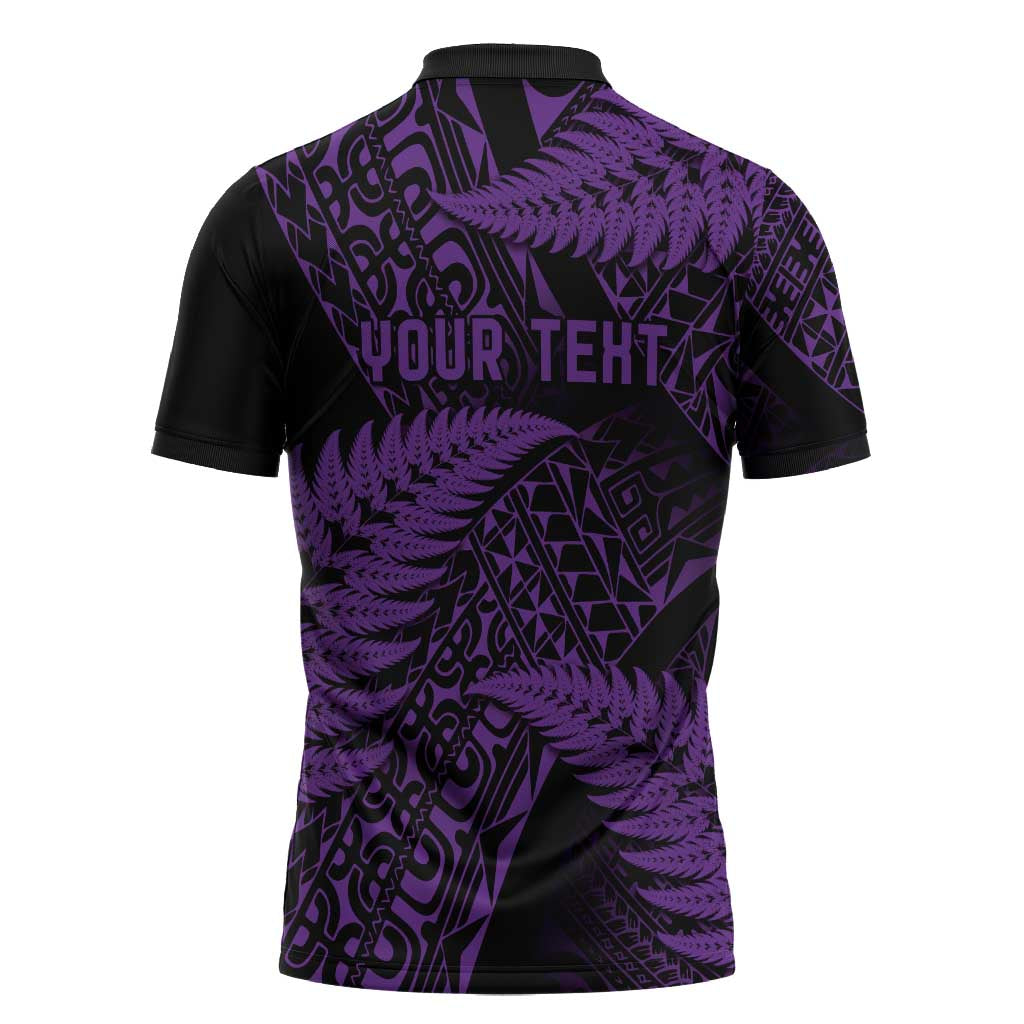 New Zealand Rugby Pacific Personalised Zipper Polo Shirt All Purple Maori Pasifika Fern Pattern LT9 - Polynesian Pride