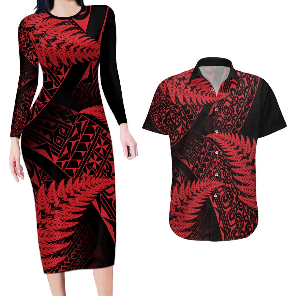 New Zealand Rugby Pacific Personalised Couples Matching Long Sleeve Bodycon Dress and Hawaiian Shirt All Red Maori Pasifika Fern Pattern LT9 Red - Polynesian Pride