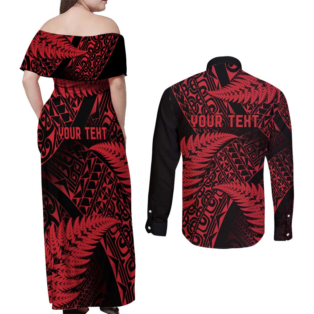 New Zealand Rugby Pacific Personalised Couples Matching Off Shoulder Maxi Dress and Long Sleeve Button Shirt All Red Maori Pasifika Fern Pattern LT9 - Polynesian Pride