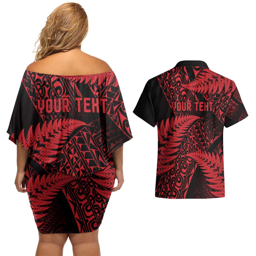 New Zealand Rugby Pacific Personalised Couples Matching Off Shoulder Short Dress and Hawaiian Shirt All Red Maori Pasifika Fern Pattern LT9 - Polynesian Pride
