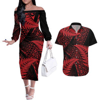 New Zealand Rugby Pacific Personalised Couples Matching Off The Shoulder Long Sleeve Dress and Hawaiian Shirt All Red Maori Pasifika Fern Pattern LT9 Red - Polynesian Pride