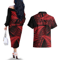 New Zealand Rugby Pacific Personalised Couples Matching Off The Shoulder Long Sleeve Dress and Hawaiian Shirt All Red Maori Pasifika Fern Pattern LT9 - Polynesian Pride