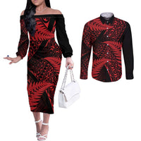 New Zealand Rugby Pacific Personalised Couples Matching Off The Shoulder Long Sleeve Dress and Long Sleeve Button Shirt All Red Maori Pasifika Fern Pattern LT9 Red - Polynesian Pride