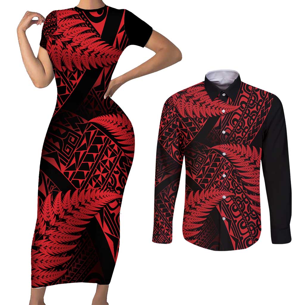 New Zealand Rugby Pacific Personalised Couples Matching Short Sleeve Bodycon Dress and Long Sleeve Button Shirt All Red Maori Pasifika Fern Pattern LT9 Red - Polynesian Pride
