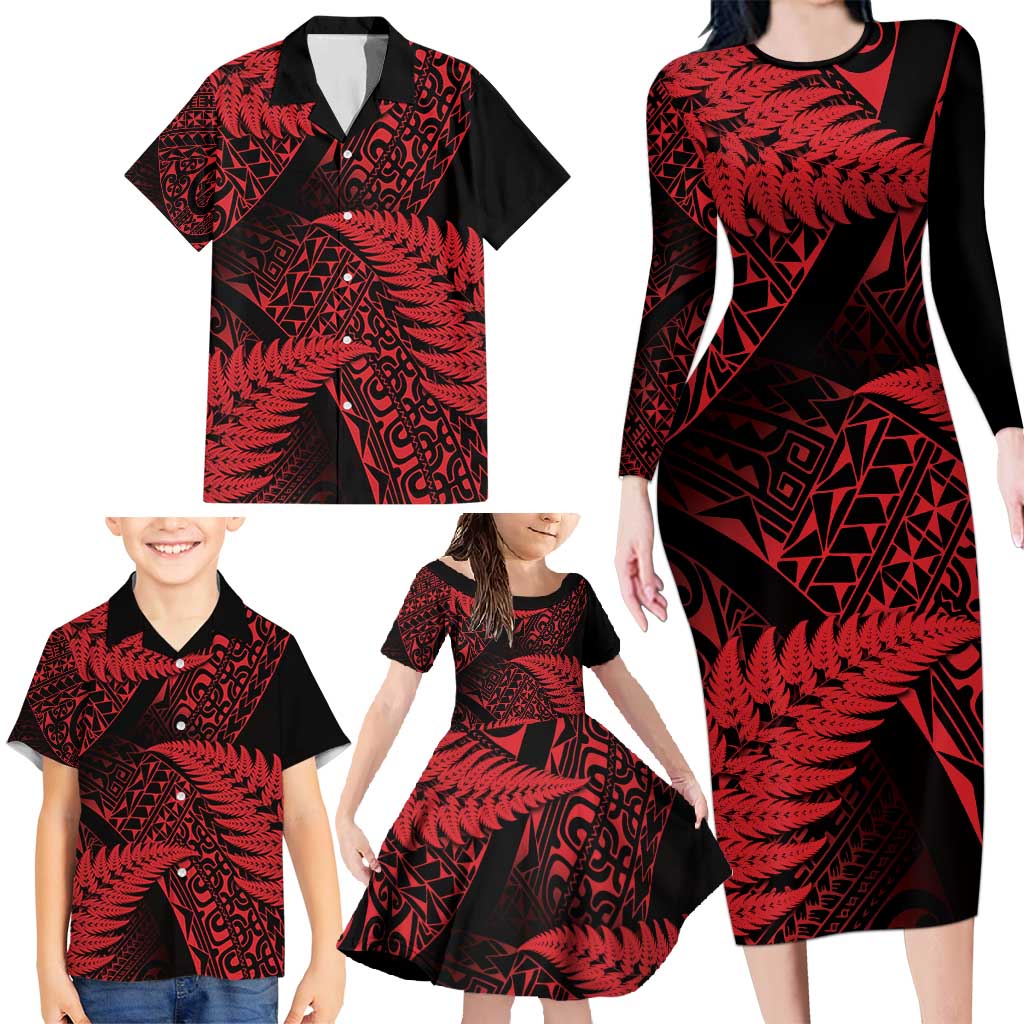 New Zealand Rugby Pacific Personalised Family Matching Long Sleeve Bodycon Dress and Hawaiian Shirt All Red Maori Pasifika Fern Pattern LT9 - Polynesian Pride