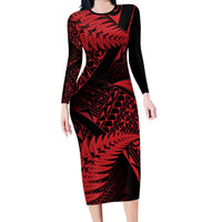 New Zealand Rugby Pacific Personalised Family Matching Long Sleeve Bodycon Dress and Hawaiian Shirt All Red Maori Pasifika Fern Pattern LT9 Mom's Dress Red - Polynesian Pride