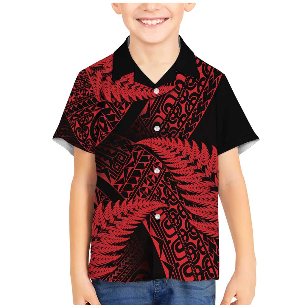 New Zealand Rugby Pacific Personalised Family Matching Mermaid Dress and Hawaiian Shirt All Red Maori Pasifika Fern Pattern LT9 Son's Shirt Red - Polynesian Pride