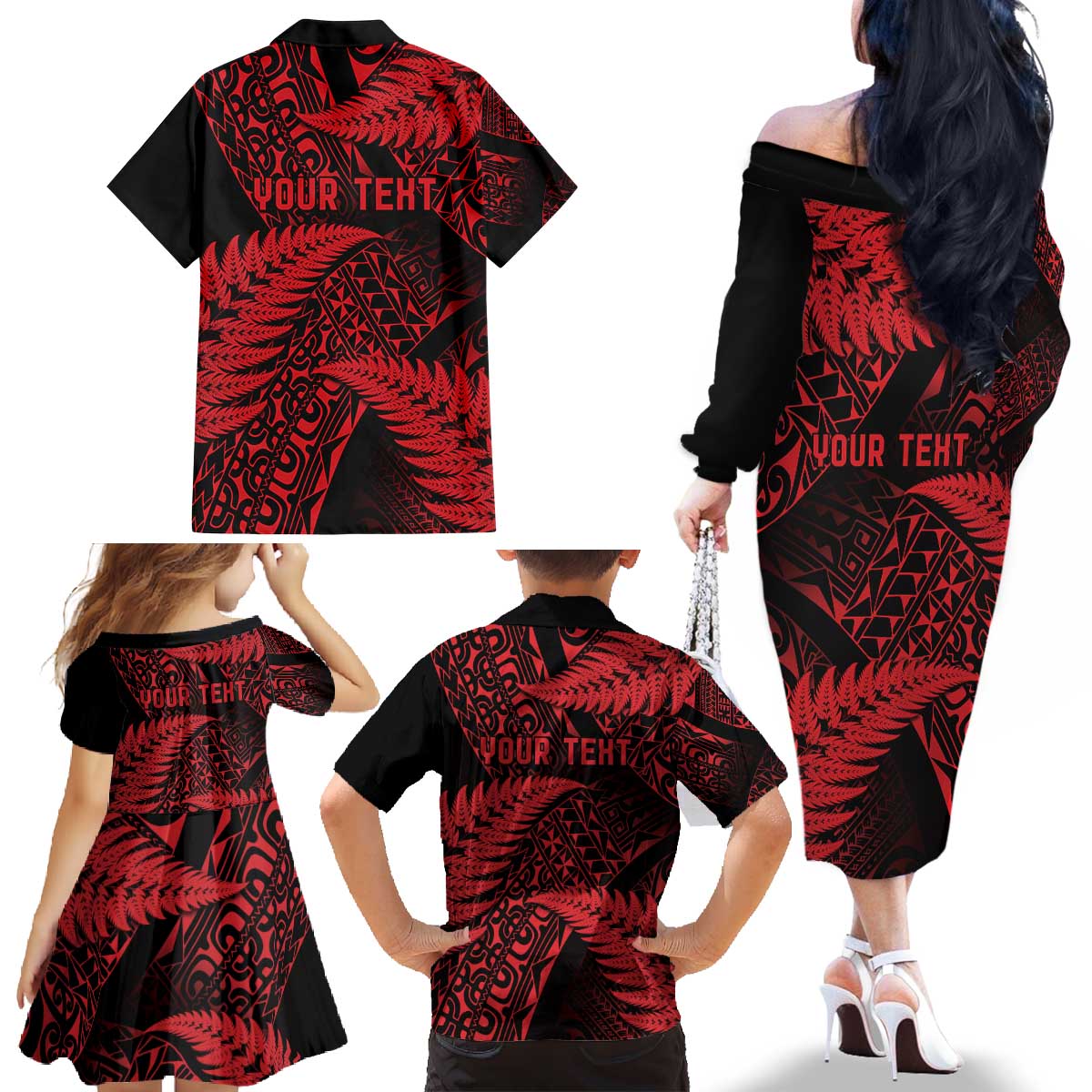 New Zealand Rugby Pacific Personalised Family Matching Off The Shoulder Long Sleeve Dress and Hawaiian Shirt All Red Maori Pasifika Fern Pattern LT9 - Polynesian Pride
