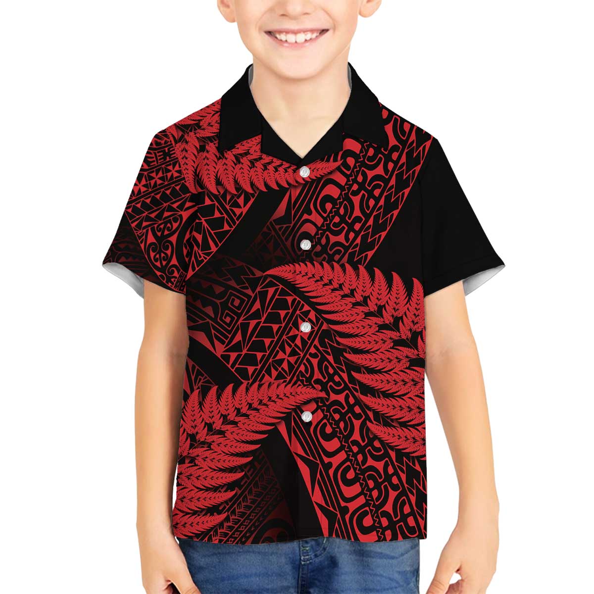New Zealand Rugby Pacific Personalised Family Matching Off The Shoulder Long Sleeve Dress and Hawaiian Shirt All Red Maori Pasifika Fern Pattern LT9 Son's Shirt Red - Polynesian Pride