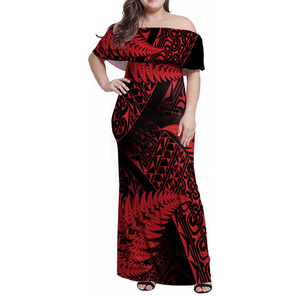 New Zealand Rugby Pacific Personalised Family Matching Off Shoulder Maxi Dress and Hawaiian Shirt All Red Maori Pasifika Fern Pattern LT9 Mom's Dress Red - Polynesian Pride
