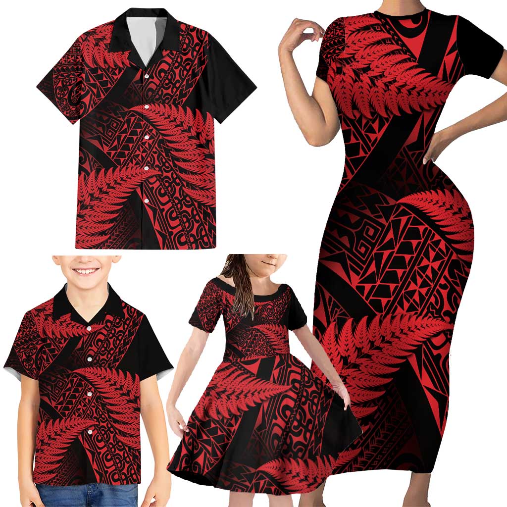 New Zealand Rugby Pacific Personalised Family Matching Short Sleeve Bodycon Dress and Hawaiian Shirt All Red Maori Pasifika Fern Pattern LT9 - Polynesian Pride