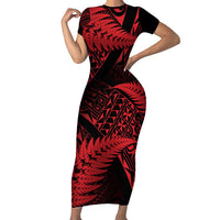 New Zealand Rugby Pacific Personalised Family Matching Short Sleeve Bodycon Dress and Hawaiian Shirt All Red Maori Pasifika Fern Pattern LT9 Mom's Dress Red - Polynesian Pride