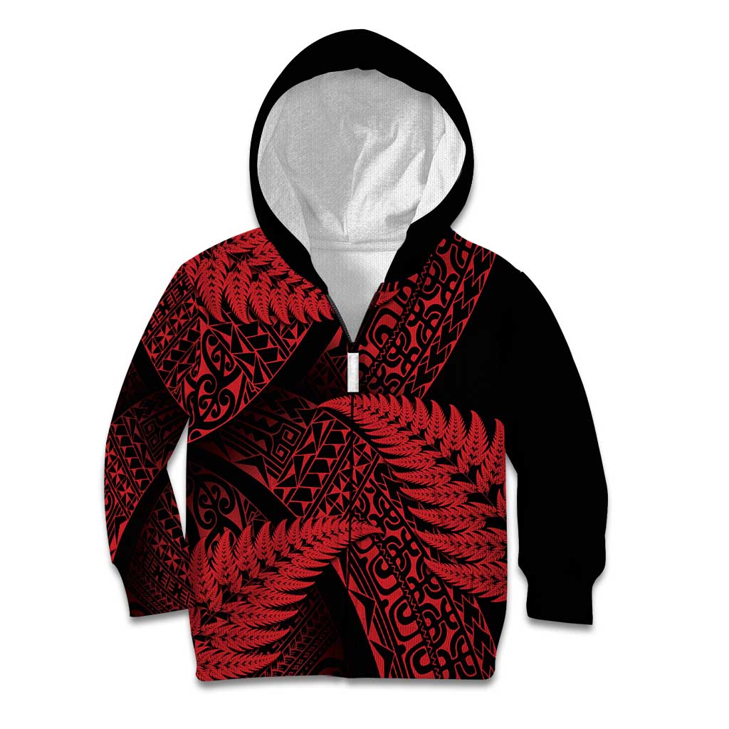 New Zealand Rugby Pacific Personalised Kid Hoodie All Red Maori Pasifika Fern Pattern LT9 Zip Hoodie Red - Polynesian Pride