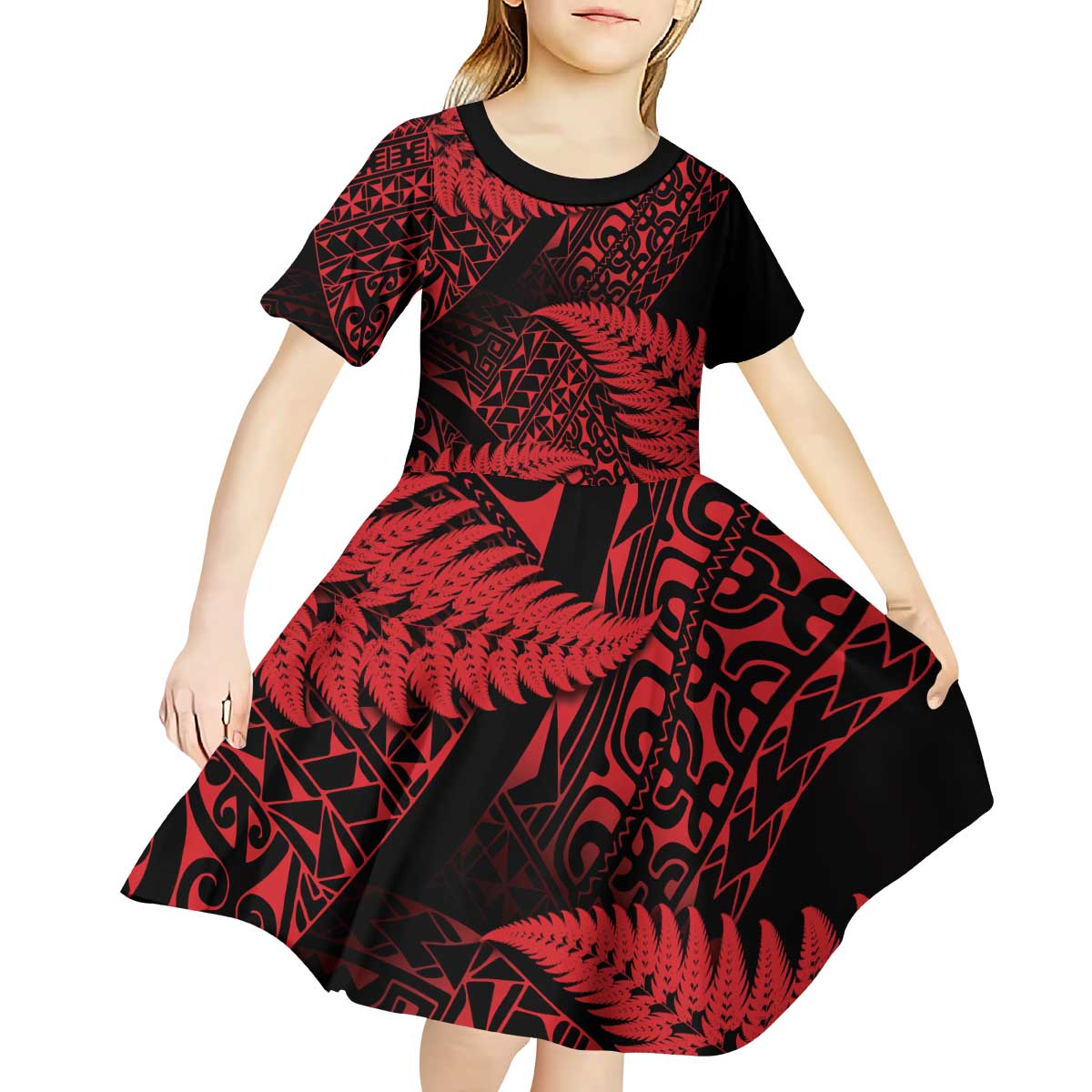 New Zealand Rugby Pacific Personalised Kid Short Sleeve Dress All Red Maori Pasifika Fern Pattern LT9 - Polynesian Pride