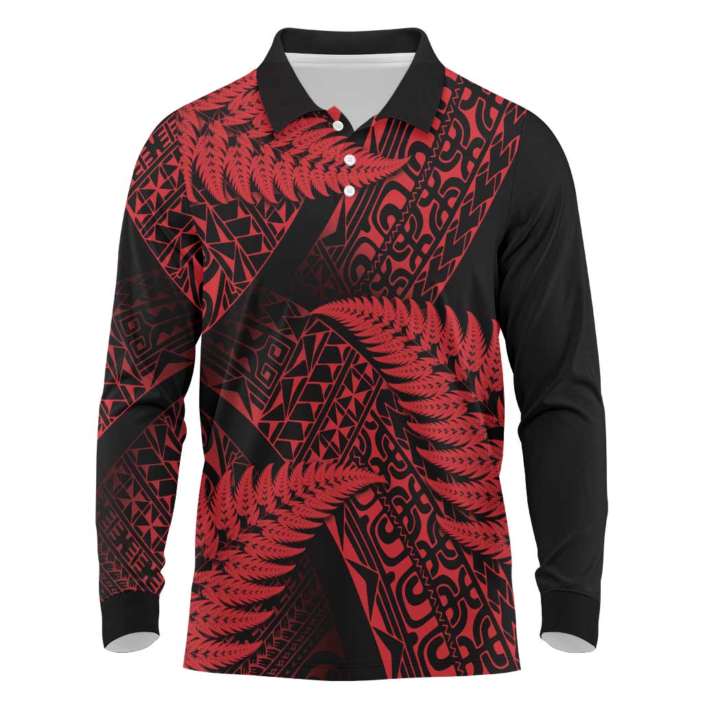 New Zealand Rugby Pacific Personalised Long Sleeve Polo Shirt All Red Maori Pasifika Fern Pattern LT9 Red - Polynesian Pride