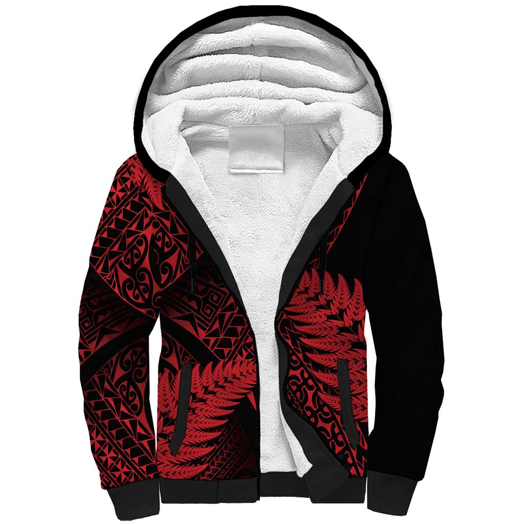 New Zealand Rugby Pacific Personalised Sherpa Hoodie All Red Maori Pasifika Fern Pattern LT9 Unisex Red - Polynesian Pride