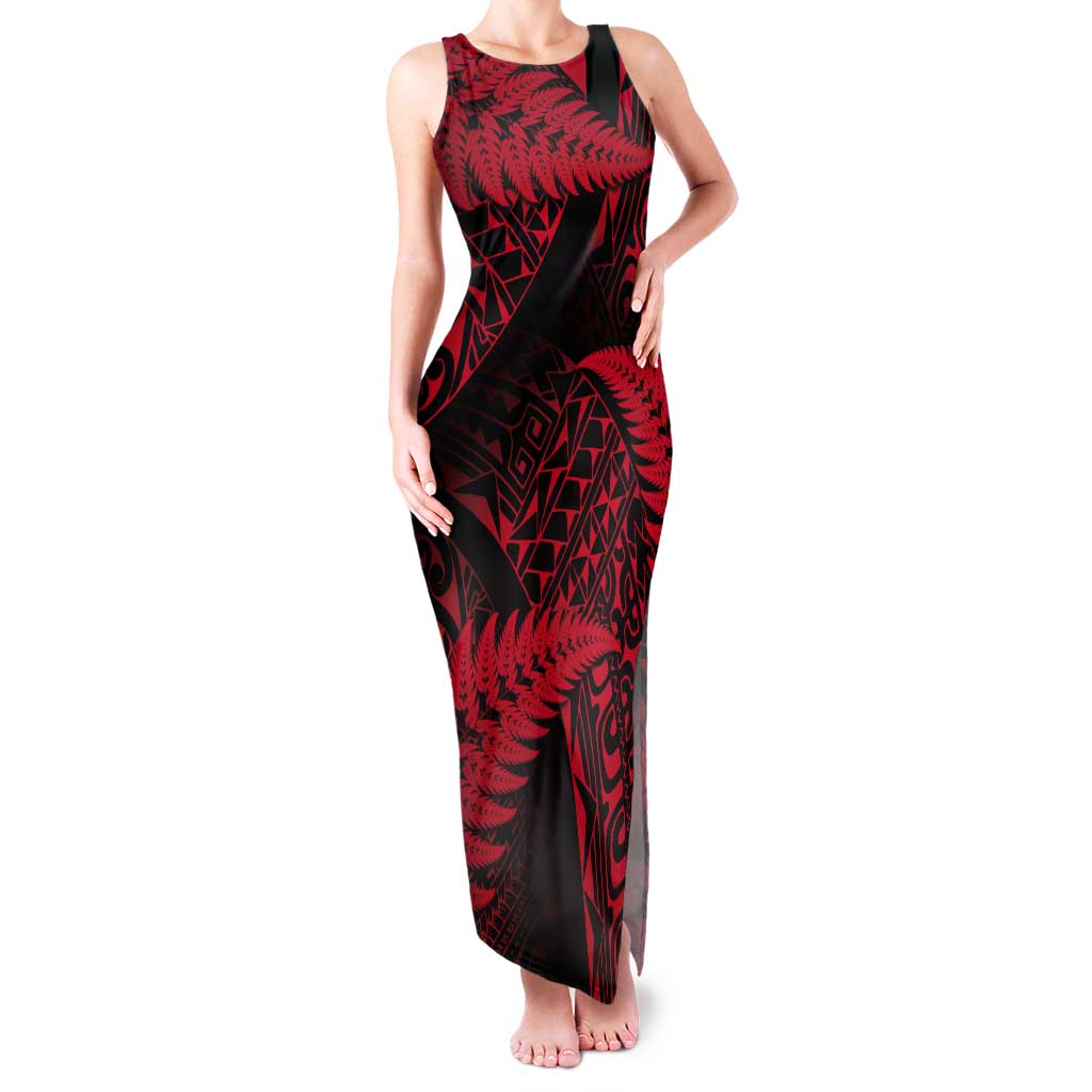 New Zealand Rugby Pacific Personalised Tank Maxi Dress All Red Maori Pasifika Fern Pattern LT9 Women Red - Polynesian Pride
