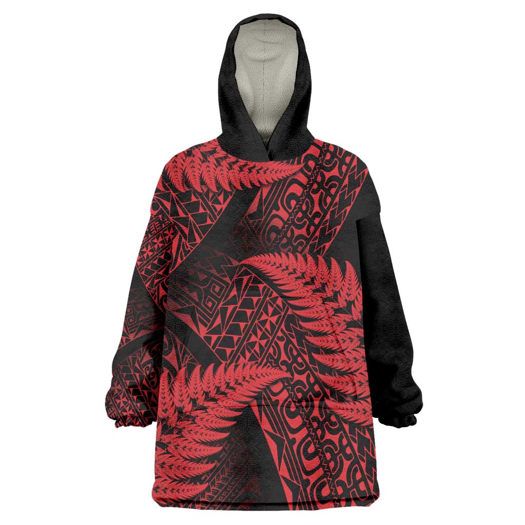 New Zealand Rugby Pacific Personalised Wearable Blanket Hoodie All Red Maori Pasifika Fern Pattern LT9 One Size Red - Polynesian Pride