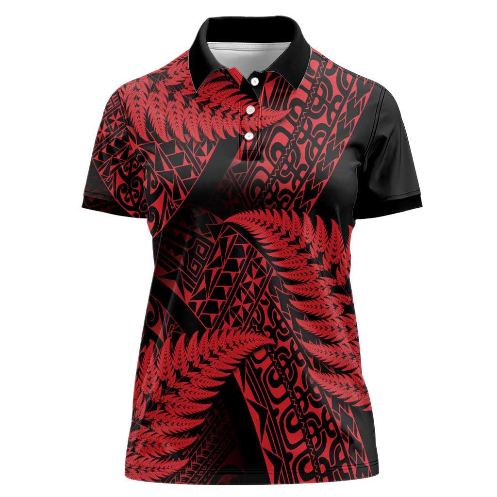 New Zealand Rugby Pacific Personalised Women Polo Shirt All Red Maori Pasifika Fern Pattern LT9 Female Red - Polynesian Pride