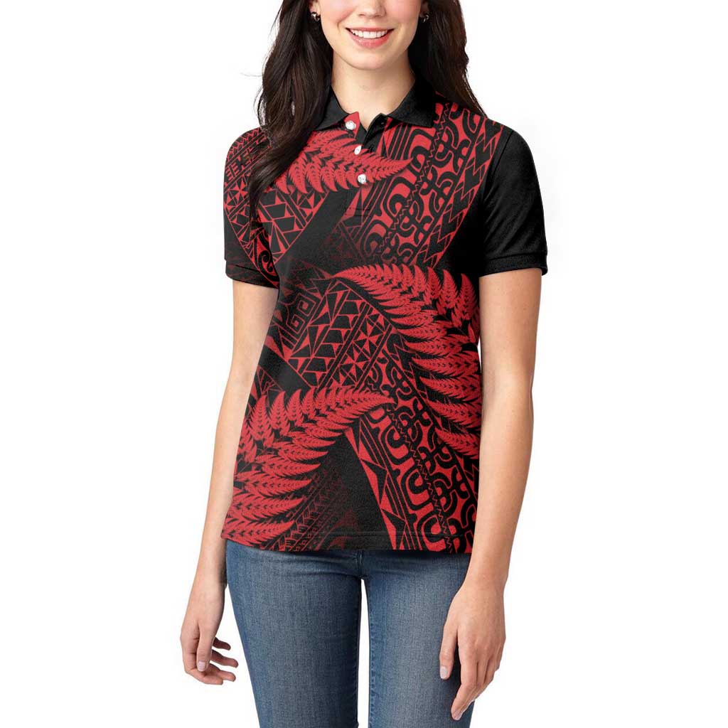 New Zealand Rugby Pacific Personalised Women Polo Shirt All Red Maori Pasifika Fern Pattern LT9 - Polynesian Pride
