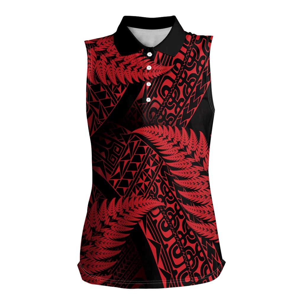 New Zealand Rugby Pacific Personalised Women Sleeveless Polo Shirt All Red Maori Pasifika Fern Pattern LT9 Female Red - Polynesian Pride
