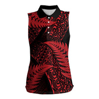 New Zealand Rugby Pacific Personalised Women Sleeveless Polo Shirt All Red Maori Pasifika Fern Pattern LT9 Female Red - Polynesian Pride