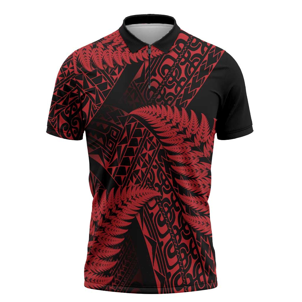New Zealand Rugby Pacific Personalised Zipper Polo Shirt All Red Maori Pasifika Fern Pattern LT9 Red - Polynesian Pride