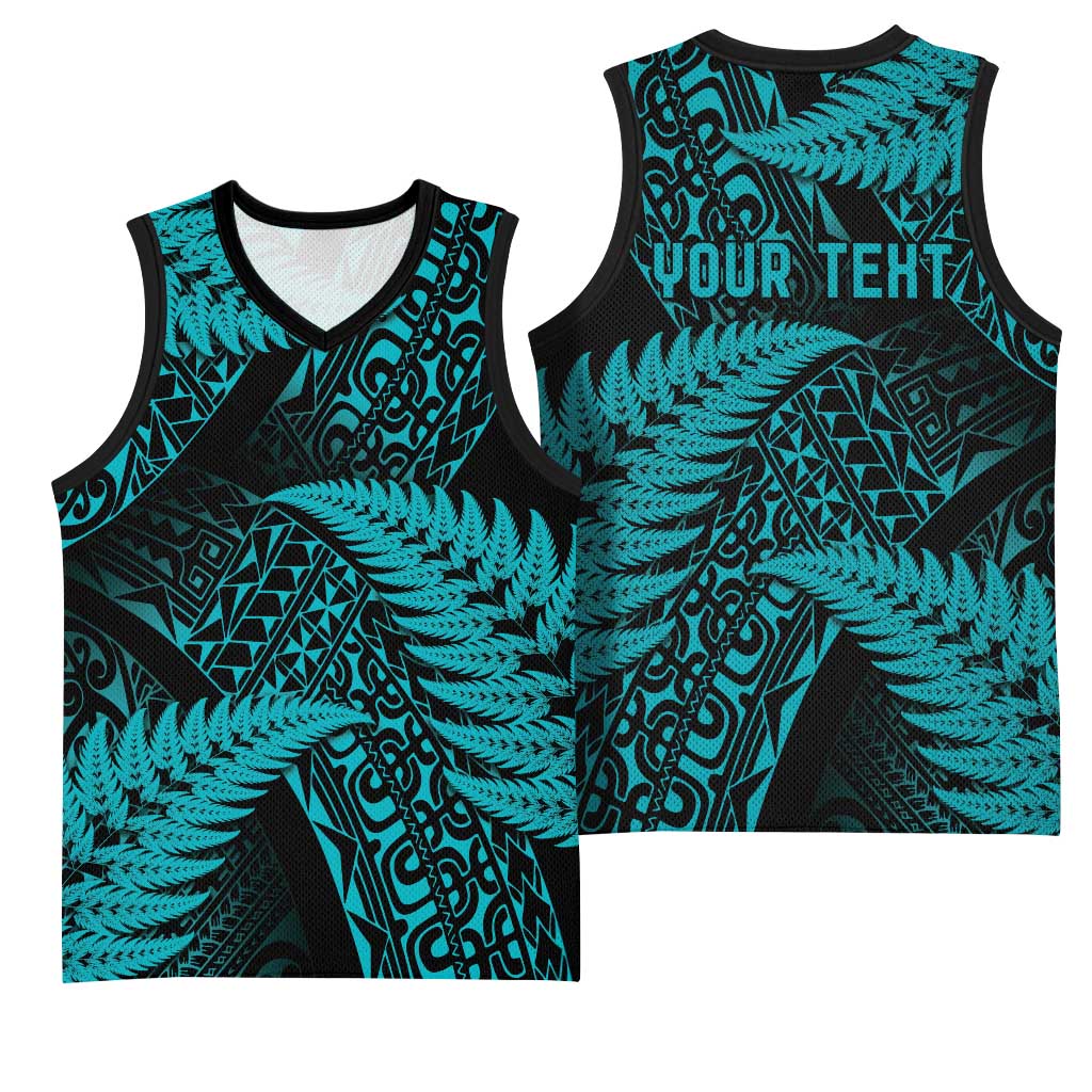 New Zealand Rugby Pacific Personalised Basketball Jersey All Turquoise Maori Pasifika Fern Pattern LT9 - Polynesian Pride