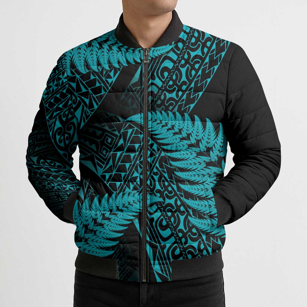 New Zealand Rugby Pacific Personalised Bomber Puffer Jacket All Turquoise Maori Pasifika Fern Pattern - Polynesian Pride