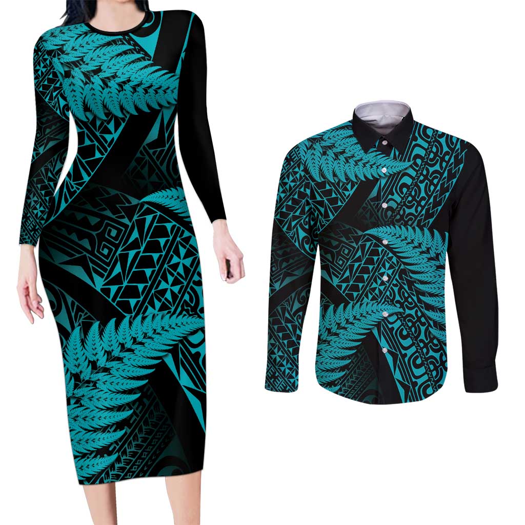 New Zealand Rugby Pacific Personalised Couples Matching Long Sleeve Bodycon Dress and Long Sleeve Button Shirt All Turquoise Maori Pasifika Fern Pattern LT9 Turquoise - Polynesian Pride