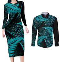New Zealand Rugby Pacific Personalised Couples Matching Long Sleeve Bodycon Dress and Long Sleeve Button Shirt All Turquoise Maori Pasifika Fern Pattern LT9 Turquoise - Polynesian Pride