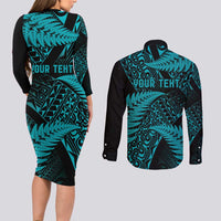New Zealand Rugby Pacific Personalised Couples Matching Long Sleeve Bodycon Dress and Long Sleeve Button Shirt All Turquoise Maori Pasifika Fern Pattern LT9 - Polynesian Pride