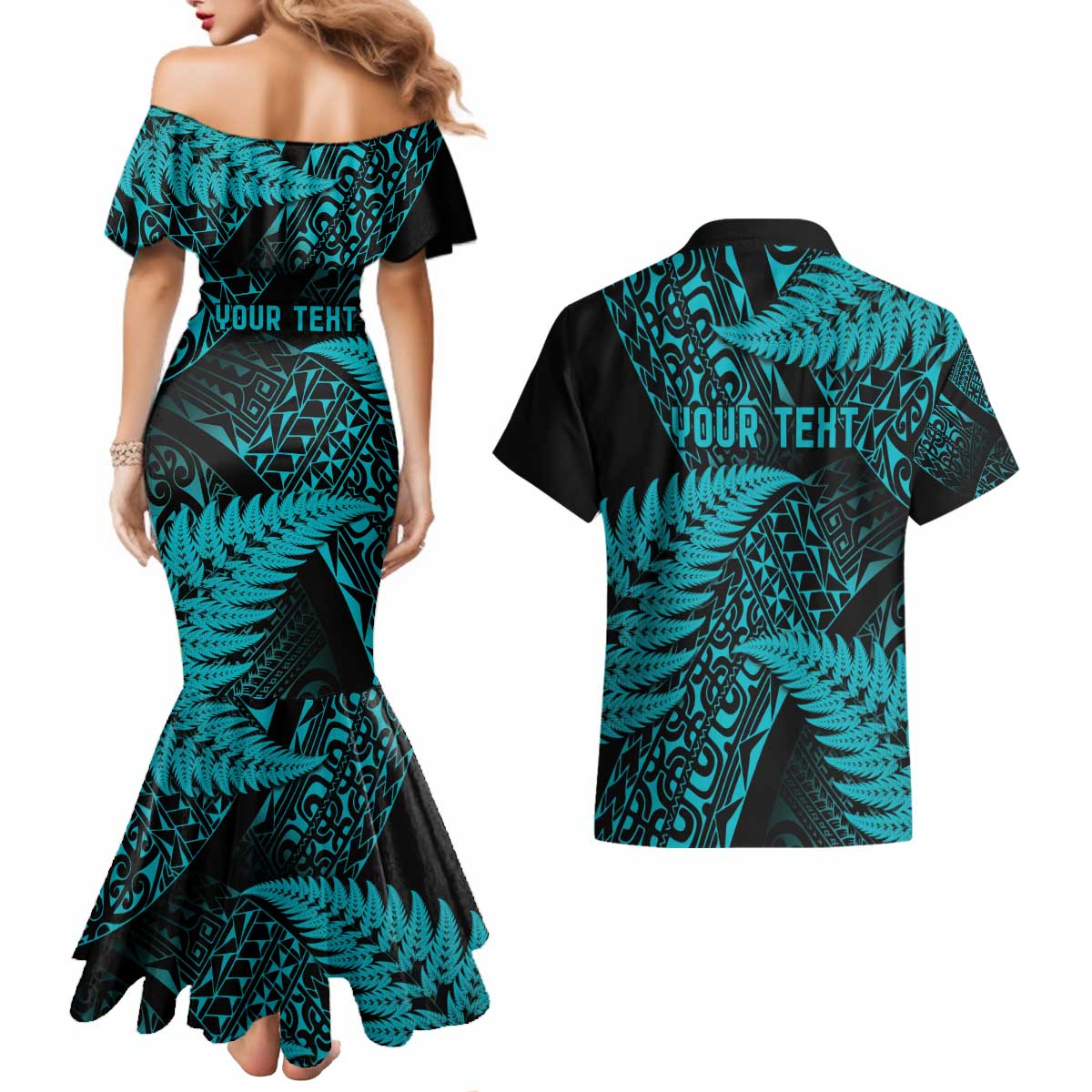 New Zealand Rugby Pacific Personalised Couples Matching Mermaid Dress and Hawaiian Shirt All Turquoise Maori Pasifika Fern Pattern LT9 - Polynesian Pride