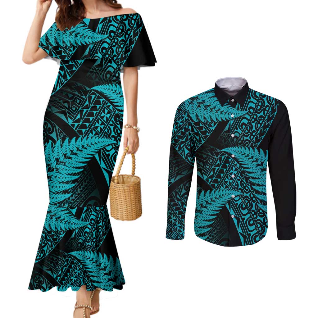 New Zealand Rugby Pacific Personalised Couples Matching Mermaid Dress and Long Sleeve Button Shirt All Turquoise Maori Pasifika Fern Pattern LT9 Turquoise - Polynesian Pride