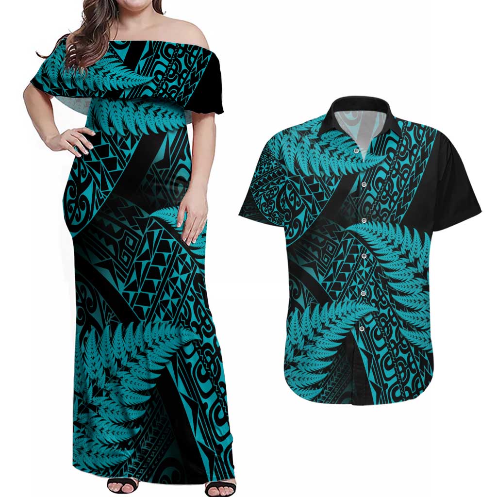 New Zealand Rugby Pacific Personalised Couples Matching Off Shoulder Maxi Dress and Hawaiian Shirt All Turquoise Maori Pasifika Fern Pattern LT9 Turquoise - Polynesian Pride