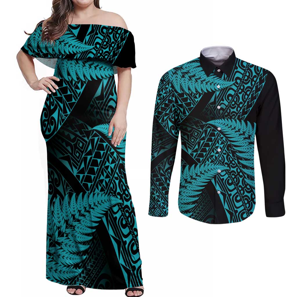 New Zealand Rugby Pacific Personalised Couples Matching Off Shoulder Maxi Dress and Long Sleeve Button Shirt All Turquoise Maori Pasifika Fern Pattern LT9 Turquoise - Polynesian Pride