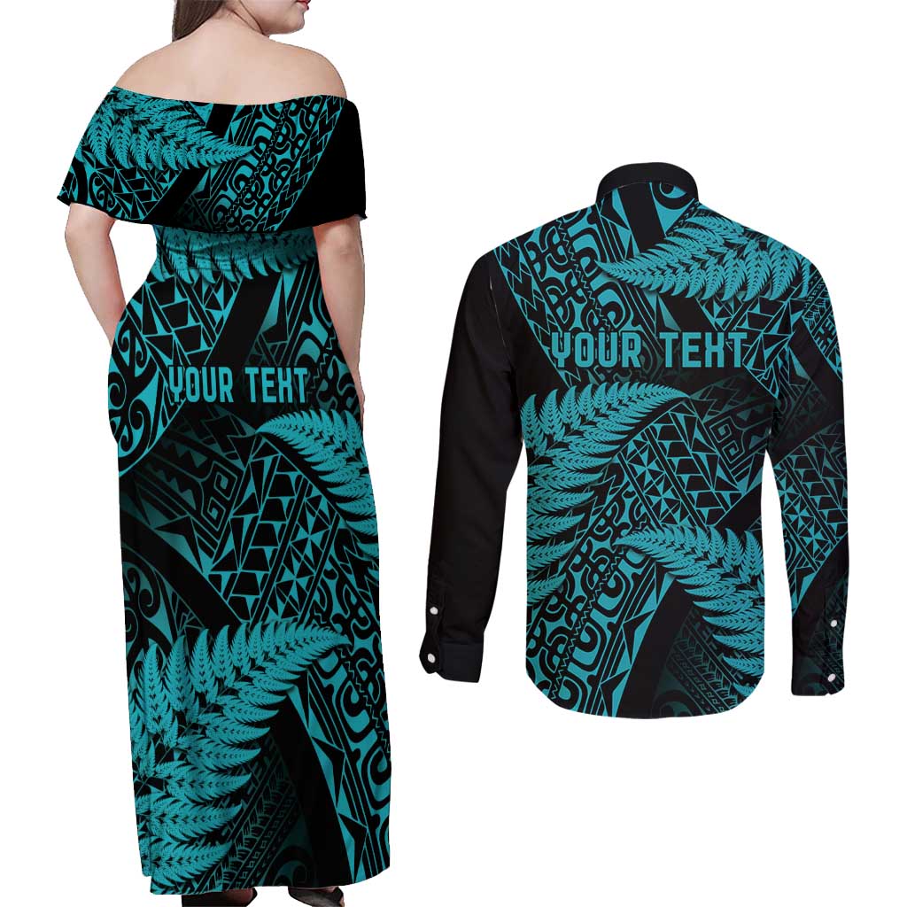 New Zealand Rugby Pacific Personalised Couples Matching Off Shoulder Maxi Dress and Long Sleeve Button Shirt All Turquoise Maori Pasifika Fern Pattern LT9 - Polynesian Pride