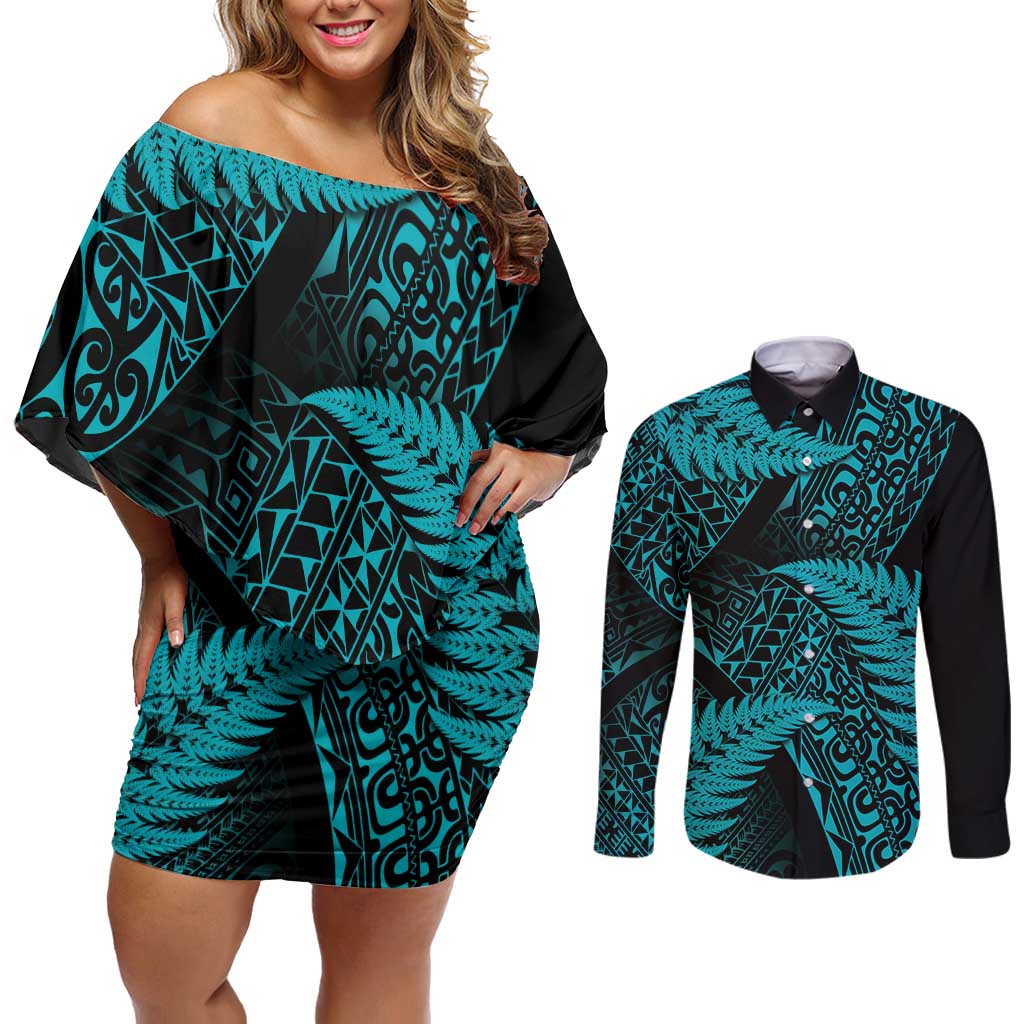 New Zealand Rugby Pacific Personalised Couples Matching Off Shoulder Short Dress and Long Sleeve Button Shirt All Turquoise Maori Pasifika Fern Pattern LT9 Turquoise - Polynesian Pride