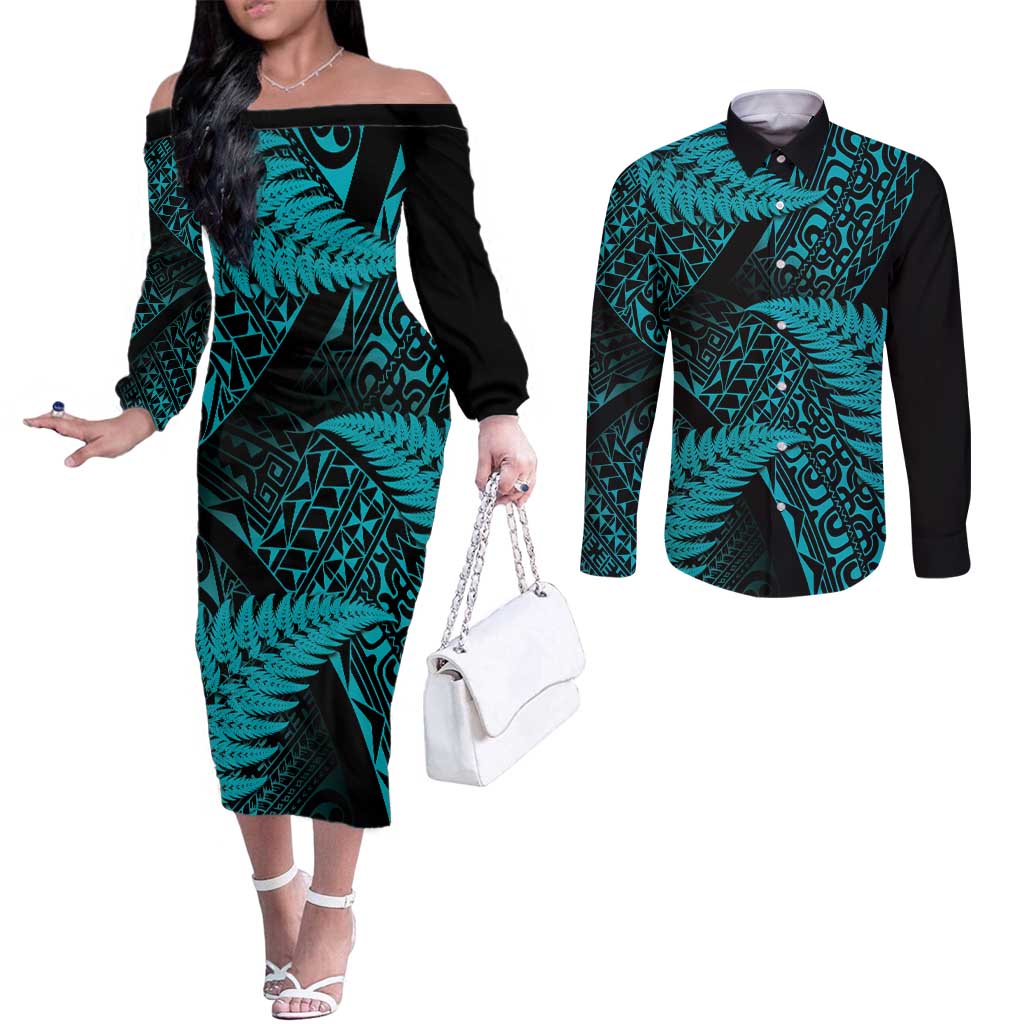 New Zealand Rugby Pacific Personalised Couples Matching Off The Shoulder Long Sleeve Dress and Long Sleeve Button Shirt All Turquoise Maori Pasifika Fern Pattern LT9 Turquoise - Polynesian Pride
