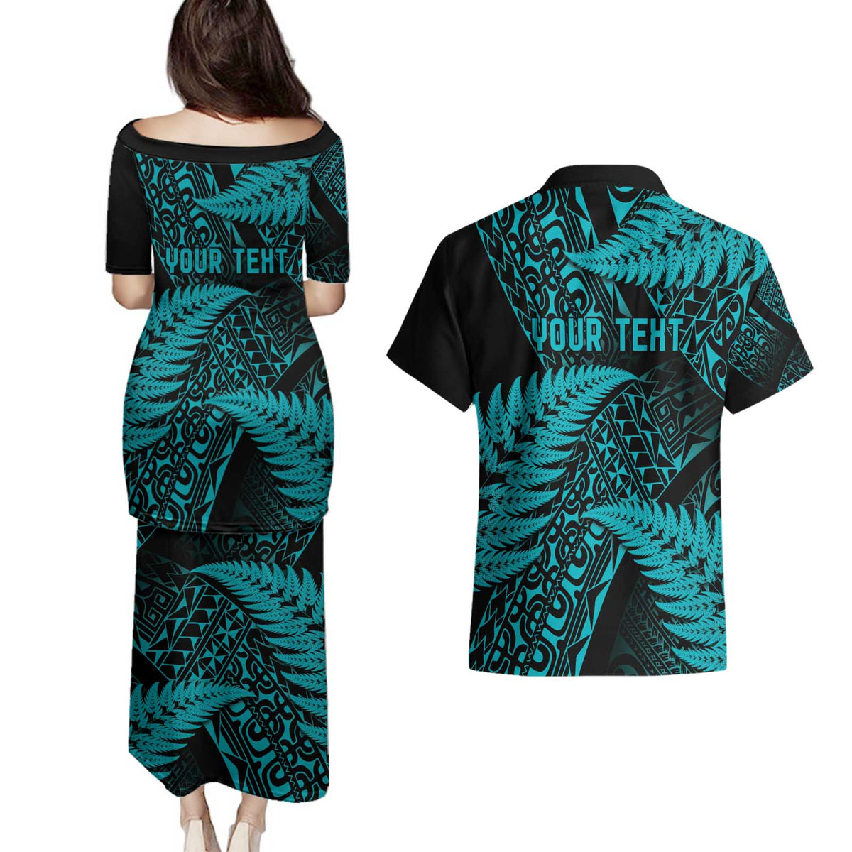 New Zealand Rugby Pacific Personalised Couples Matching Puletasi and Hawaiian Shirt All Turquoise Maori Pasifika Fern Pattern