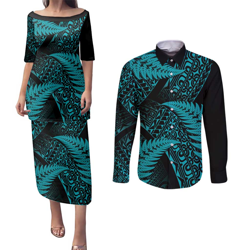 New Zealand Rugby Pacific Personalised Couples Matching Puletasi and Long Sleeve Button Shirt All Turquoise Maori Pasifika Fern Pattern LT9 Turquoise - Polynesian Pride