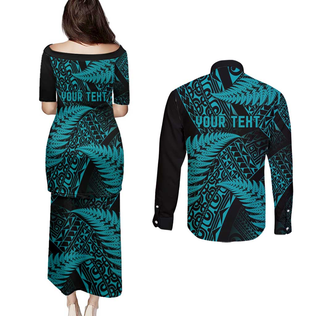 New Zealand Rugby Pacific Personalised Couples Matching Puletasi and Long Sleeve Button Shirt All Turquoise Maori Pasifika Fern Pattern LT9 - Polynesian Pride