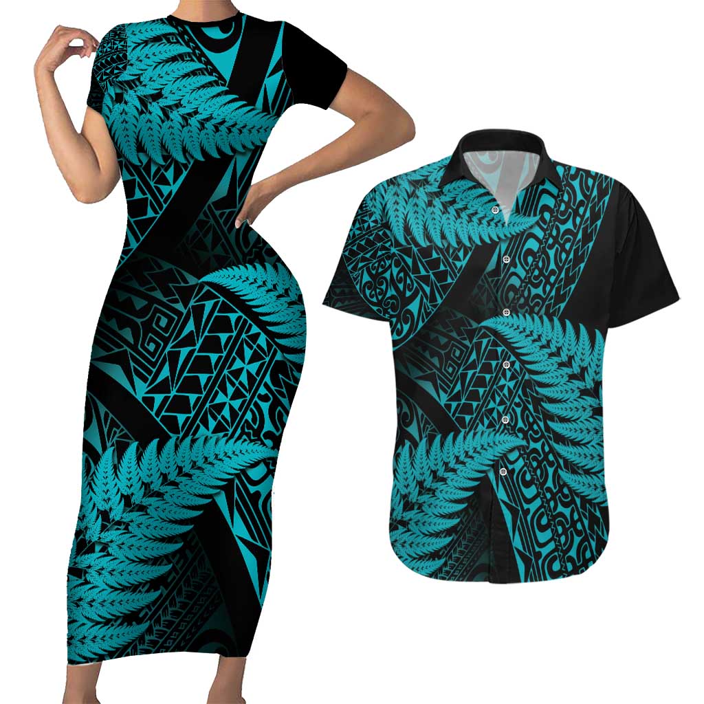 New Zealand Rugby Pacific Personalised Couples Matching Short Sleeve Bodycon Dress and Hawaiian Shirt All Turquoise Maori Pasifika Fern Pattern LT9 Turquoise - Polynesian Pride