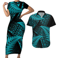 New Zealand Rugby Pacific Personalised Couples Matching Short Sleeve Bodycon Dress and Hawaiian Shirt All Turquoise Maori Pasifika Fern Pattern LT9 Turquoise - Polynesian Pride