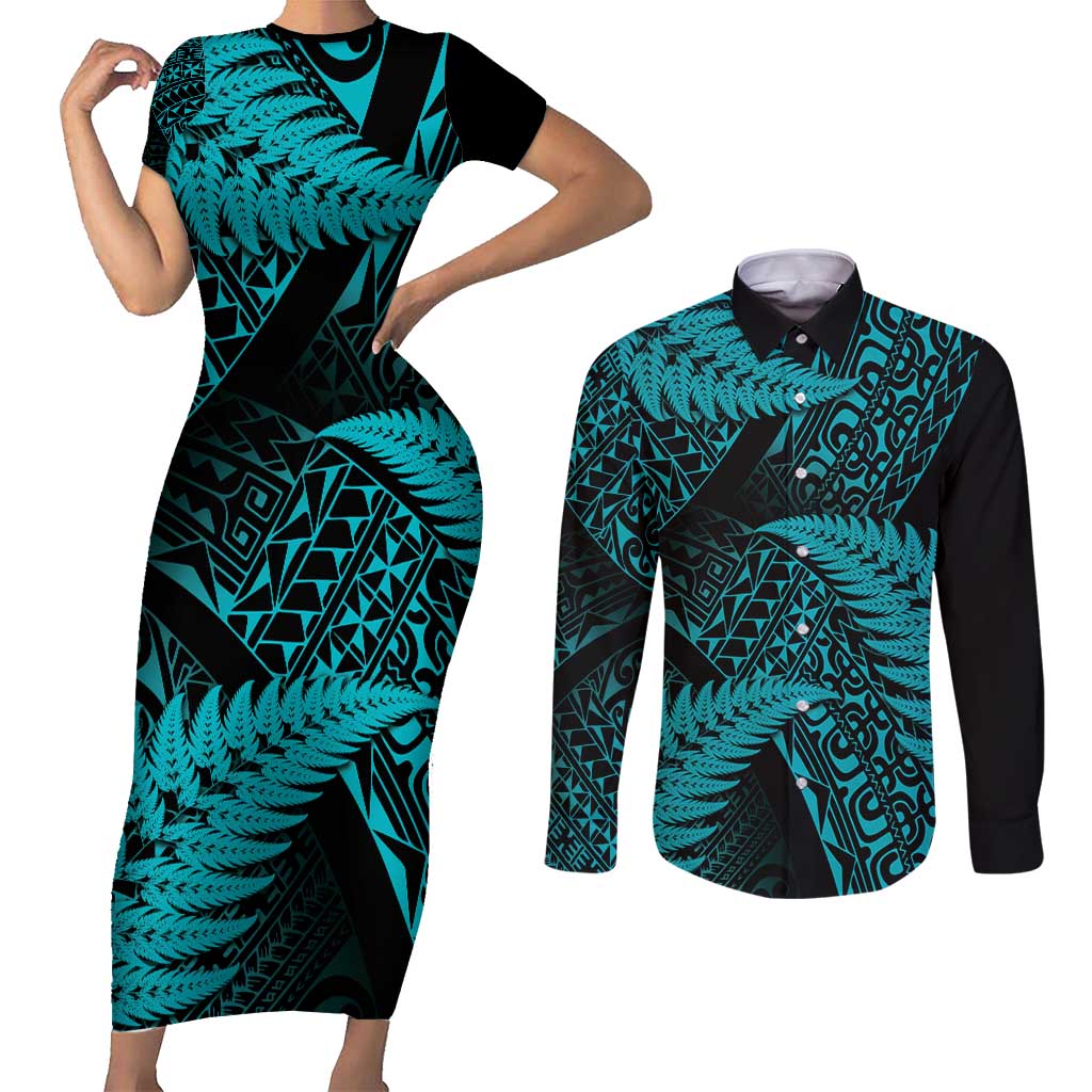 New Zealand Rugby Pacific Personalised Couples Matching Short Sleeve Bodycon Dress and Long Sleeve Button Shirt All Turquoise Maori Pasifika Fern Pattern LT9 Turquoise - Polynesian Pride