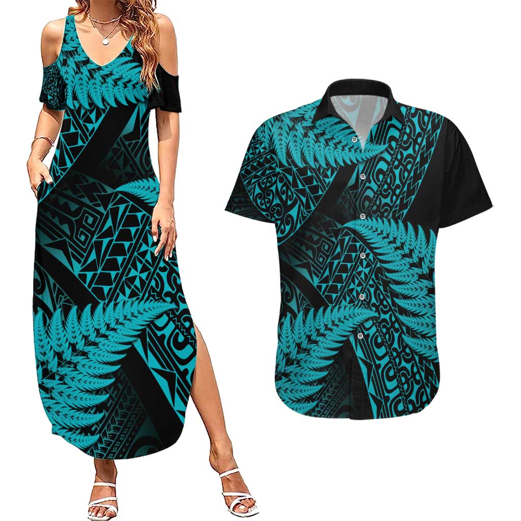 New Zealand Rugby Pacific Personalised Couples Matching Summer Maxi Dress and Hawaiian Shirt All Turquoise Maori Pasifika Fern Pattern LT9 Turquoise - Polynesian Pride